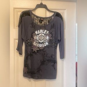 Nice black and gray, 3/4 length sleeve HD top with lace inserts. Gently worn.